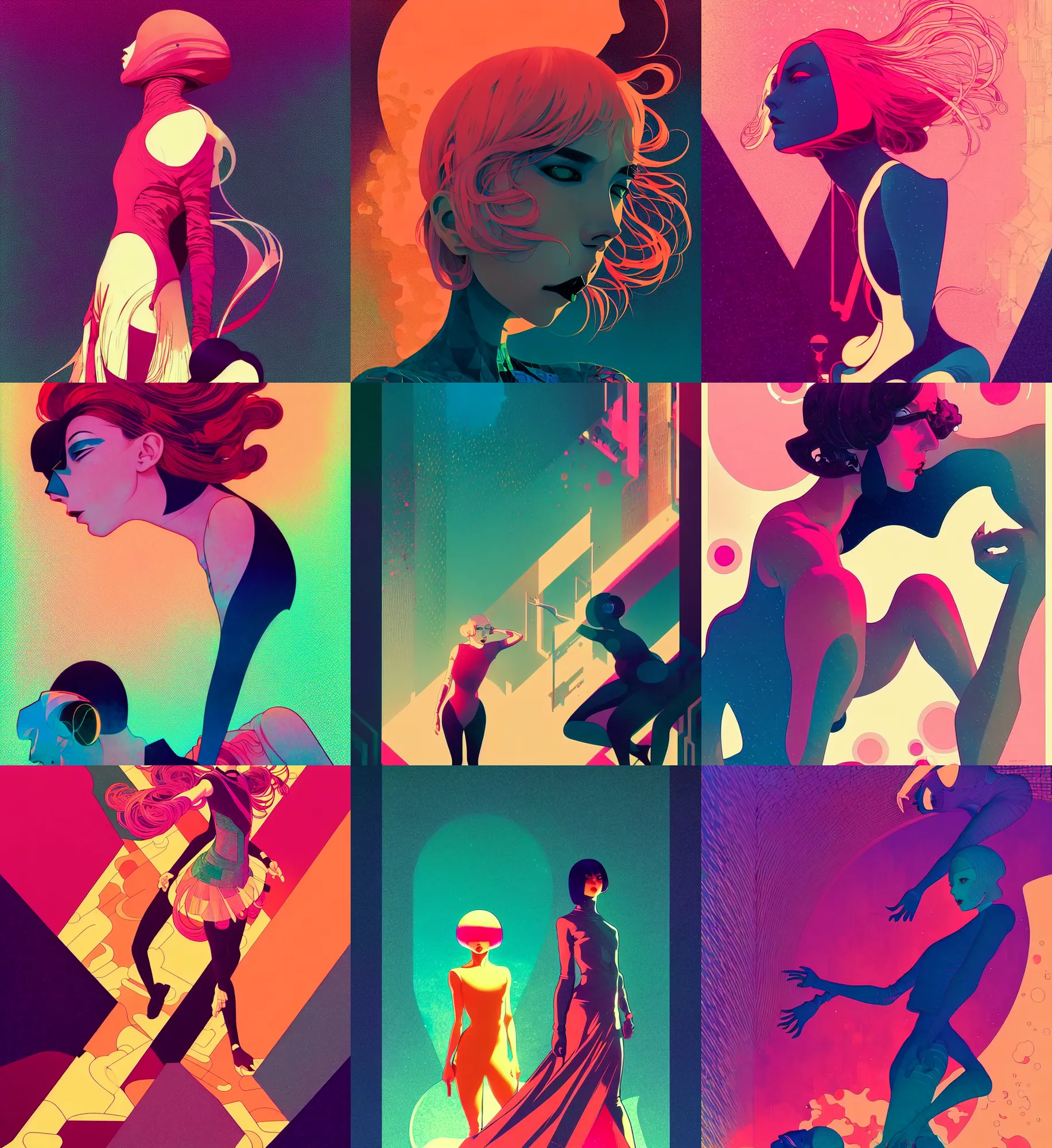 Prompt: ( ( dither ) ), editorial illustration of girls like reol posing, dynamic pose, modern art deco, colorful, ( ( mads berg ) ), christopher balaskas, victo ngai, grainy texture, detailed, dynamic composition, wide angle, moebius, alphonse mucha