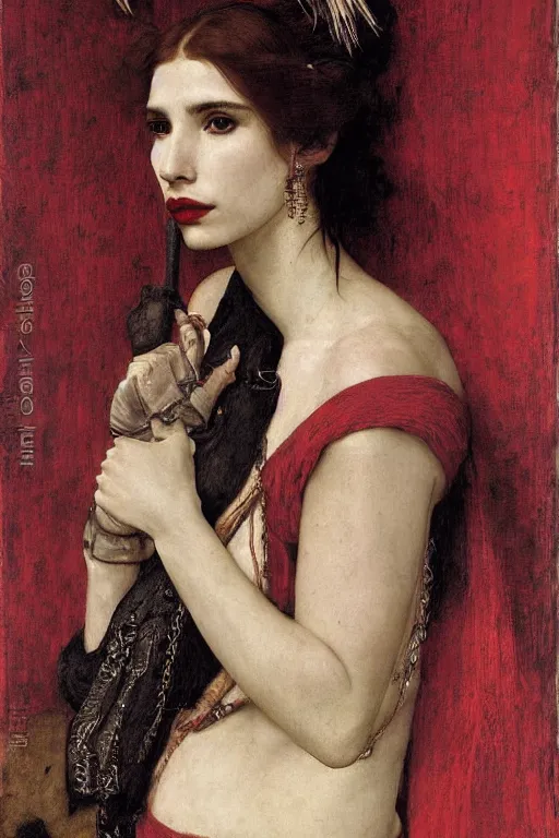 Prompt: emma roberts as a bandit queen, goddes of the vampires, red silk dress, bloodshot eyes by edgar maxence and caravaggio and michael whelan and delacroix