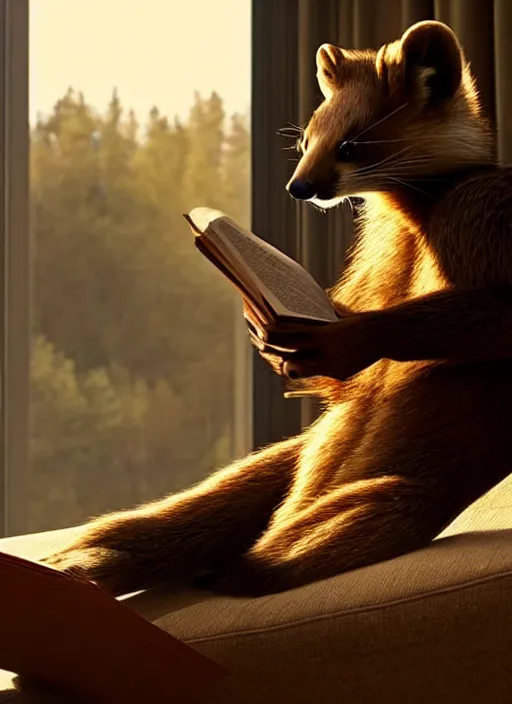 Prompt: A beautiful scene from a 2022 Marvel film featuring a humanoid pine marten wearing loose clothing reading on a couch. An anthropomorphic pine marten. Golden hour.