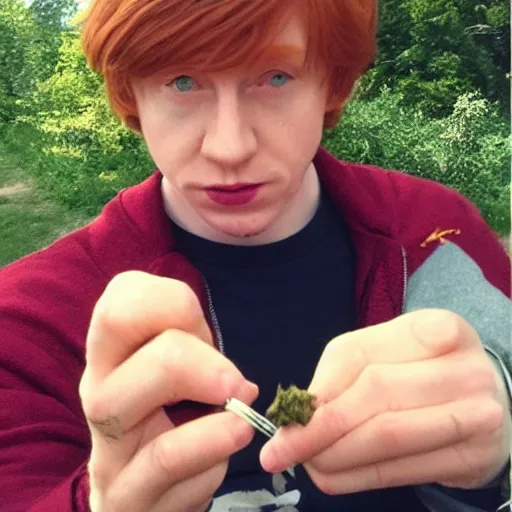 Prompt: Ron Weasley smoking a fat blunt, selfie 9mm