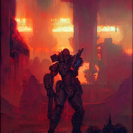 Image similar to A neon Doom Slayer, rip and tear until it is done, by gaston bussiere, craig mullins, Simon Bisley