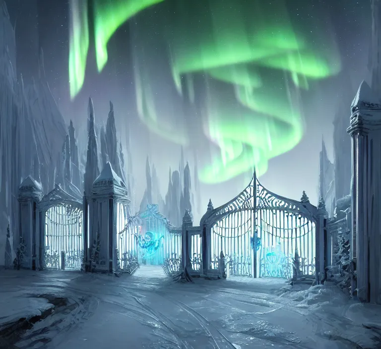 Prompt: a very detailed concept art of intricate and well designed white gates to aurora borealis infused with magic by greg rutkowski, dynamic lighting trending on artstation, symmetry, digital art, 4 k, hyper realistic, octane render, sharp focus