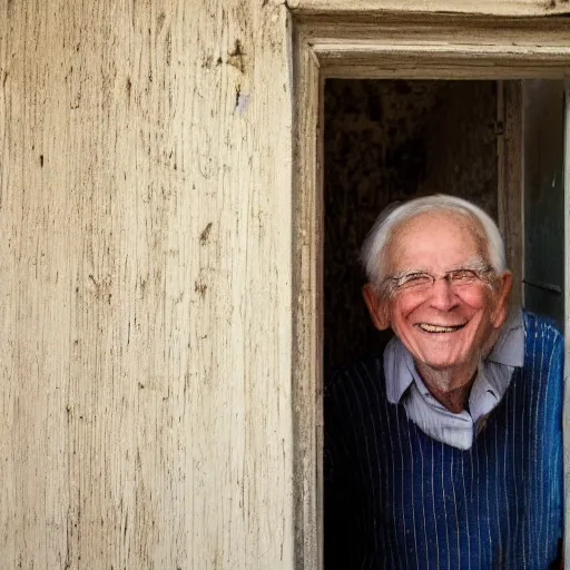 Prompt: an smiling old man peeking through a small door