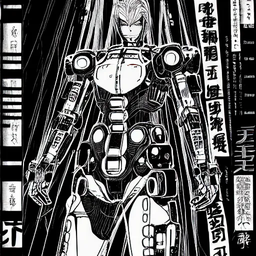 Prompt: a vertical portrait of a manga character in a scenic environment by nihei tsutomu, black and white, cybernetic armor, highly detailed