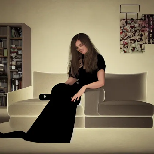 Prompt: On the sofa Masha is lying dressed as usual in black, rendering in maya