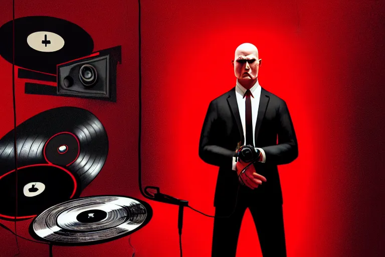 Image similar to an expressive portrait of agent 4 7 from hitman wearing headphones standing in front of a wall of vinyl records, speakers and cables, dark background, red rim light, digital art, artstation, concept art by giger stalenhag