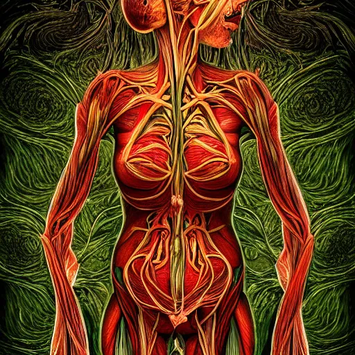 Image similar to a beautiful detailed photo of a rotten woman corpse morphing into fractal plants and fractal flowers and mushrooms, muscles, veins, anatomical, intricate, ornate, volumetric light, beautiful lit, romero ressendi