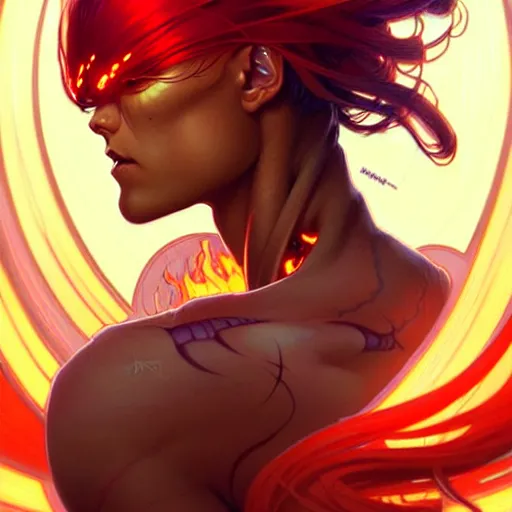 Image similar to cyborg, female, fantasy, flaming hair, portrait, highly detailed, digital painting, beautiful eyes, symmetry, concept art, sharp focus, illustration, art by artgerm and greg rutkowski and magali villeneuve and ilya kuvshinov! : : alphonse mucha : : - 0. 2