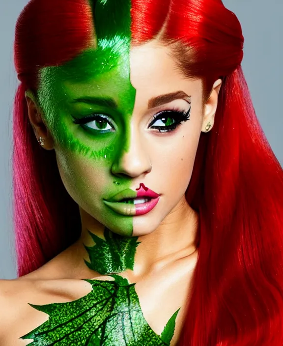 Prompt: ariana grande modeling as poison ivy, professional photograph