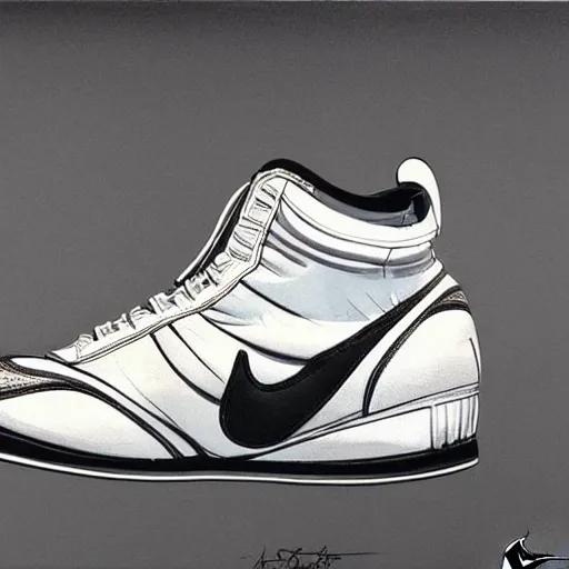 Image similar to retro futuristic Nike sneakers by syd mead and joe johnston