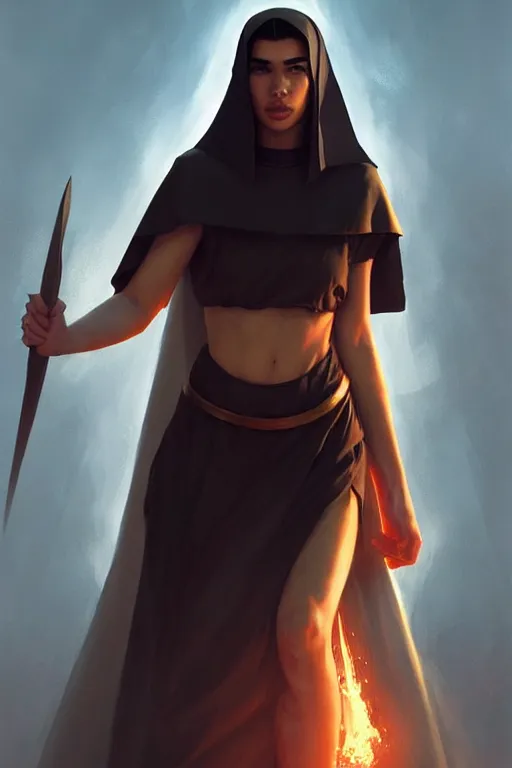 Image similar to portrait of dua lipa as a beautiful warrior nun as drawn by eric anthony johnson ericanthonyj artstation artgerm greg rutkowski and magali villeneuve 8 k subsurface scattering, soft light