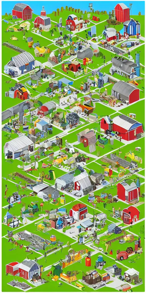 Image similar to Sketch Doodle diagram of different farms and building, industrial buildings, icons, people, tractors, animals, farm land, playful, settlers