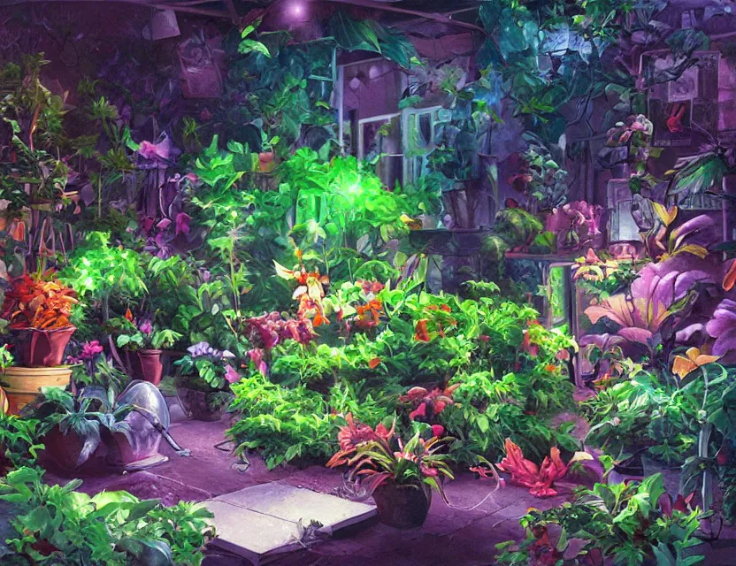 Image similar to plastic garden. oil painting by award - winning comic artist. backlighting, chiaroscuro, depth of field, luminescent colors.