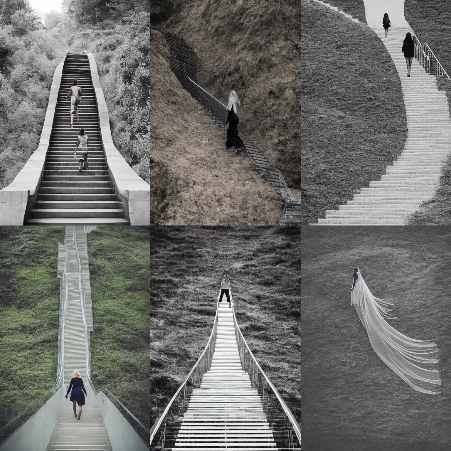 Prompt: woman walking up an infinity staircase, ethereal