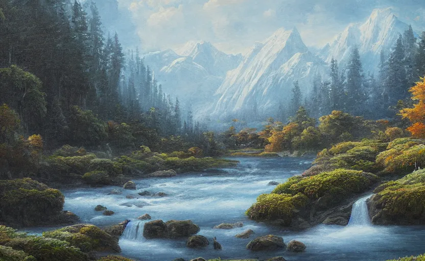 Image similar to highly detailed landscape painting by tomás sanchez, 4k