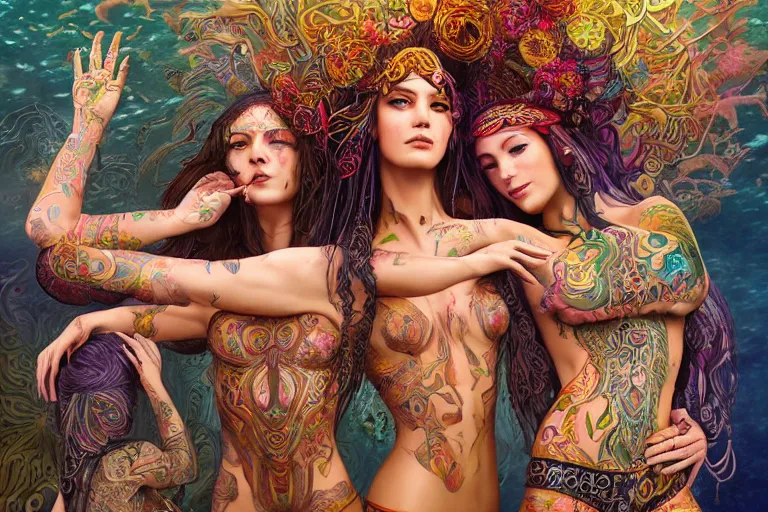 Image similar to a centered full body render of a harem alluring festival hippies with tribal tattoos surrounded by a underwater ink pour and flowing liquid galium and sacred geometry, perfect body face and hands, powerful, cinematic, beautifully lit, by artgerm, by karol bak, by donato giancola, 3 d, trending on artstation, octane render, 8 k