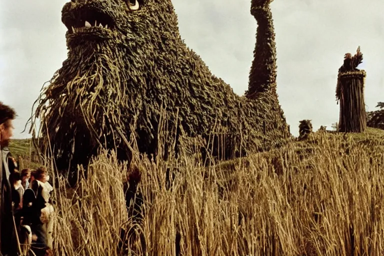 Image similar to at the festival of the Wicker Man in a small Scottish village, a giant towering Godzilla made of reeds burns, villagers watch, photojournalism, 1967, photorealism, very realistic, in the style of Midsommar, 50mm lens, Kodak 5219 film