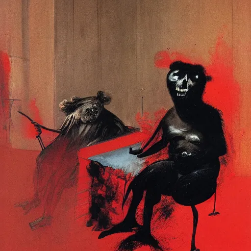 Prompt: dark fleshy figure seated next to another dark figure laughing in a messy living room by Francisco Goya and Francis Bacon, vibrant red background, mythological painting, oil painting, triadic color scheme, very coherent, Figure laughing seated on a throne made out of a bear skeleton inside interior room, Beksinski painting, masterpiece, artstation