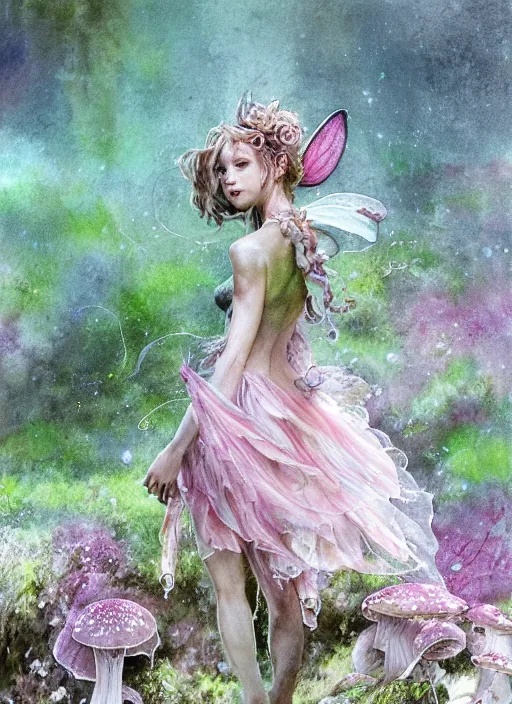 Image similar to A wingless fairy princess with a tattered pink tutu, mushroom umbrella, moss, dewdrops, watercolor, dramatic lighting, cinematic, establishing shot, extremely high detail, foto realistic, cinematic lighting, pen and ink, intricate line drawings, by Yoshitaka Amano, Ruan Jia, Kentaro Miura, Artgerm, post processed, concept art, artstation, matte painting, style by eddie mendoza, raphael lacoste, alex ross,