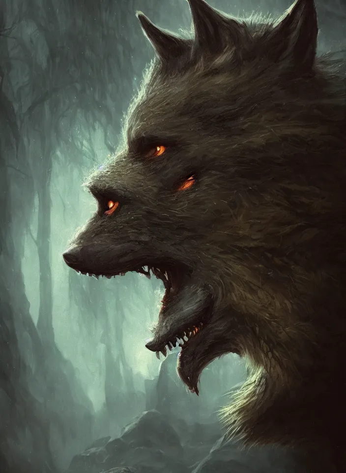 Prompt: a face portrait of a werewolf guarding the temperate forests from skyrim, fantasy setting, dark environment, serene colors, soft lighting, atmospheric, cinematic, moody, in the style of diego koi, gina heyer, luiz escanuela, art by alyssa monk, hyperrealism, rule of thirds, golden ratio, oil on canvas, 8 k