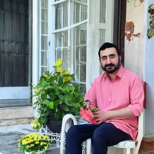 Prompt: sumeyye aydogan, duy beni serial, sitting on the porch holding a flower, in front of the house