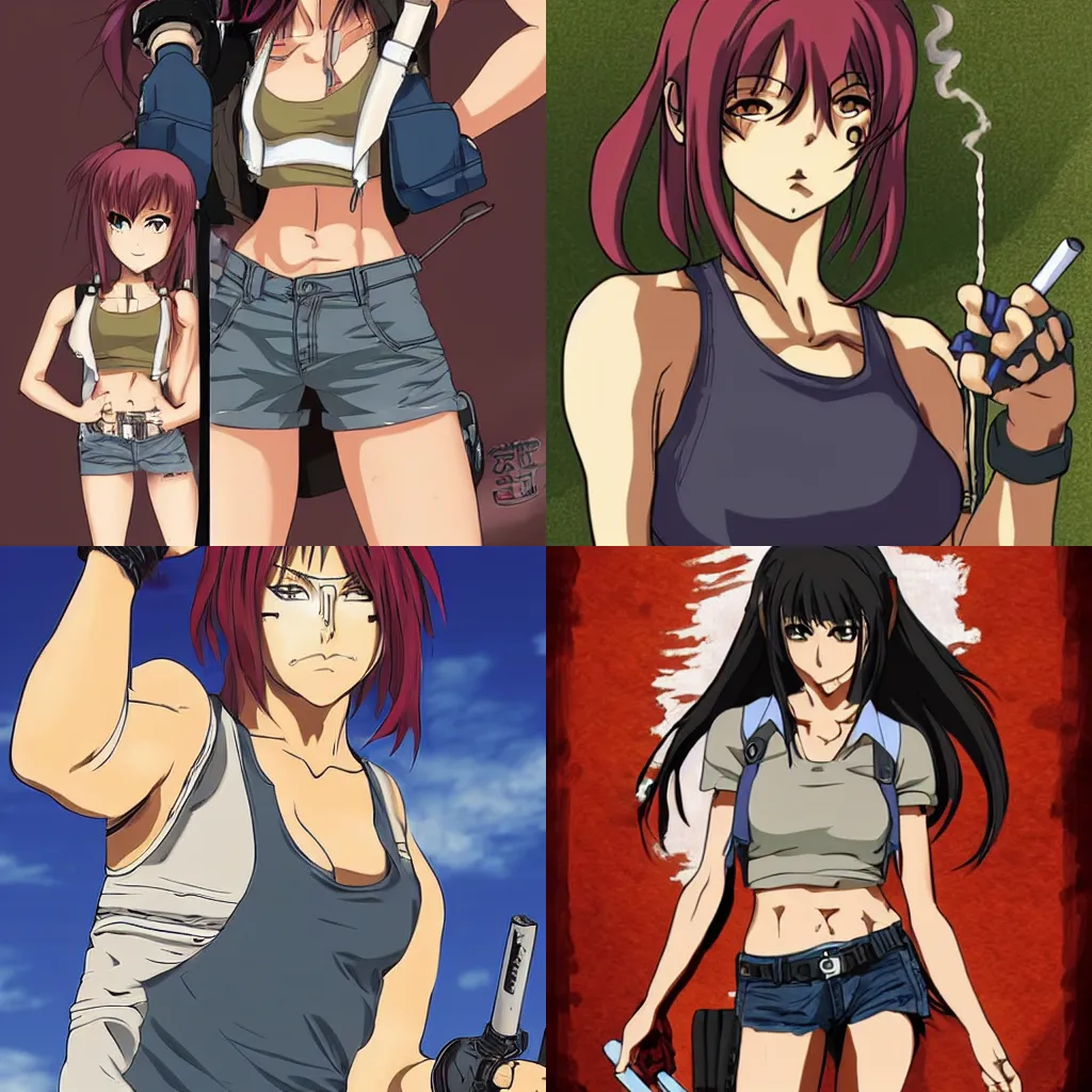 Prompt: Revy from Black Lagoon:: anime and manga, smoking a cigarette, Jean shorts boots and white tank top:: middle shot:: symmetrical face:: symmetrical eyes:: in the style of Joshua Middleton::