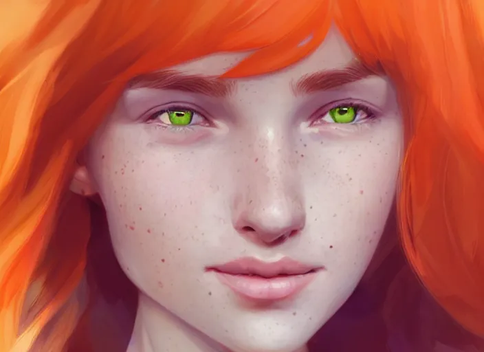 Prompt: portrait of a beautiful smiling girl with orange hair and freckles, green eyes, highly detailed, digital painting, concept art, smooth, sharp, focus, background is purple, artstation, style by Bo Feng Lin