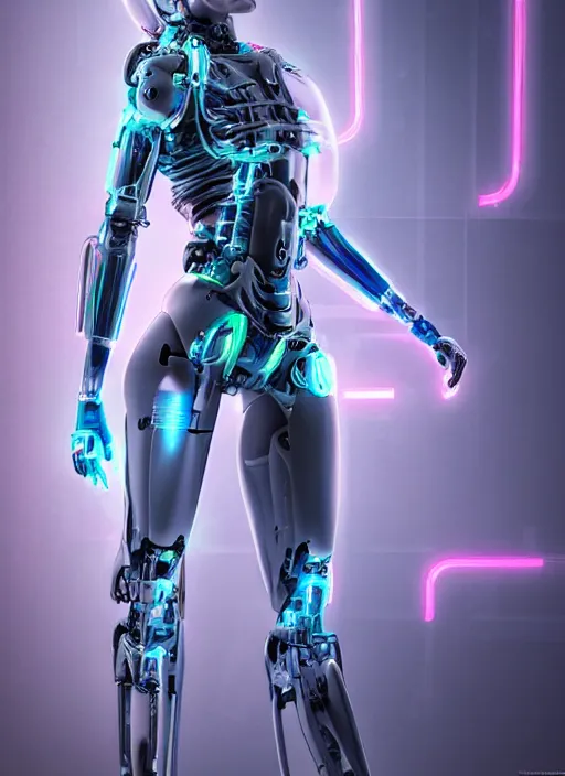 Image similar to photorealistic detailed full body picture of a female cyborg, pretty face with arms and legs, glamour pose, long hair, neon lights, humanoid, extreme, uhdr, book called the most influental cyborg in 2 0 5 0, fine details, highly detailed, intricate, smooth sharp focus, symmetrical features, environmental portrait, realistic render