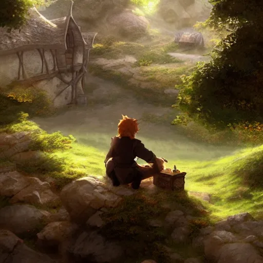 Image similar to bilbo baggins sitting down inside bag end highly detailed, digital painting, concept art, sharp focus, by makoto shinkai