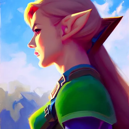 Image similar to portrait of a female Link from legend of Zelda, medium shot, asymmetrical, profile picture, Organic Painting, sunny day, Matte Painting, bold shapes, hard edges, street art, trending on artstation, by Greg Manchess and Huang Guangjian and Gil Elvgren and Sachin Teng