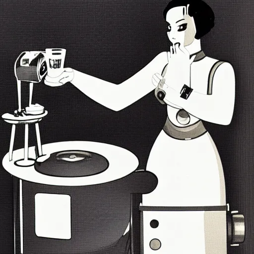 Image similar to retrofuturistic, futuristic style, robot maid serving a drink