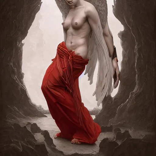 Prompt: billie eilish as an muscular devil standing in the front of gates of hell. angel is draped with bones. digital painting. art station. mood lighting. skindness, highly detailed, concept art, intricate, sharp focus, einar jonsson and bouguereau - h 1 2 0 0