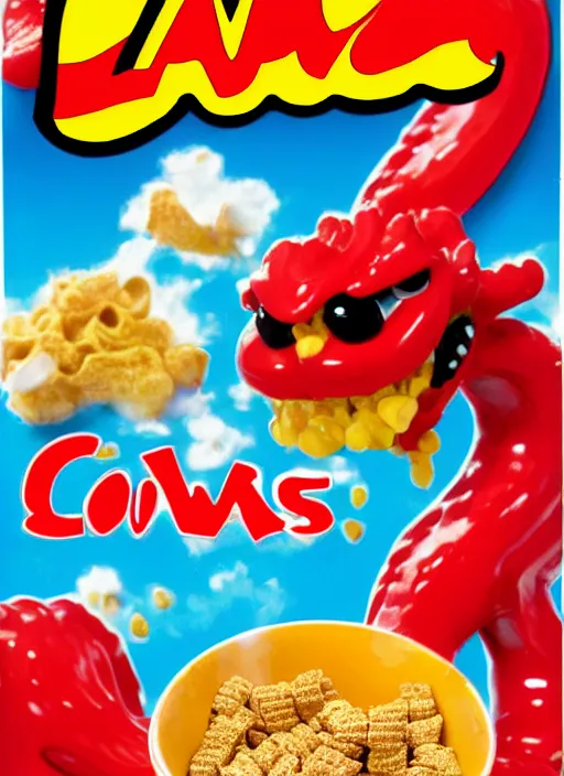 Prompt: lava - os cereal box front, cereal that tastes like lava, dragon mascot, high quality upload, 2 0 0 8