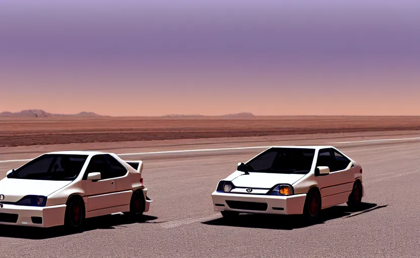 Prompt: photograph of a cell-shaded Honda EK9 Type-R car meet with anime girls, on a desert road with a futuristic city in the horizon, one point perspective, 1-point perspective, tilt shift, sigma 85mm f/1.4, 4k, depth of field, high resolution, 4k, 8k, hd, full color