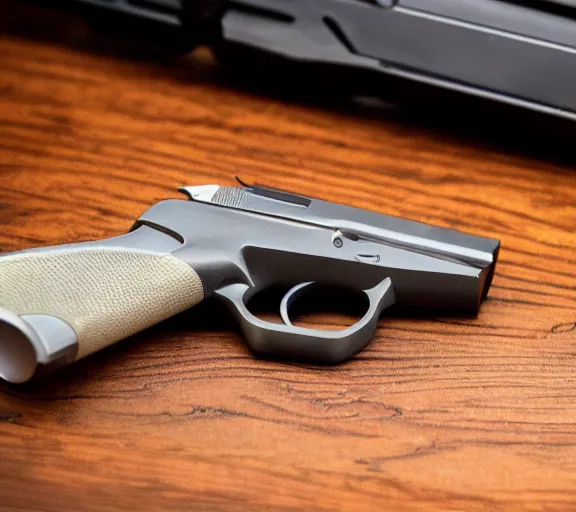 Prompt: a full shot photo of a pistol gun laying on a desk