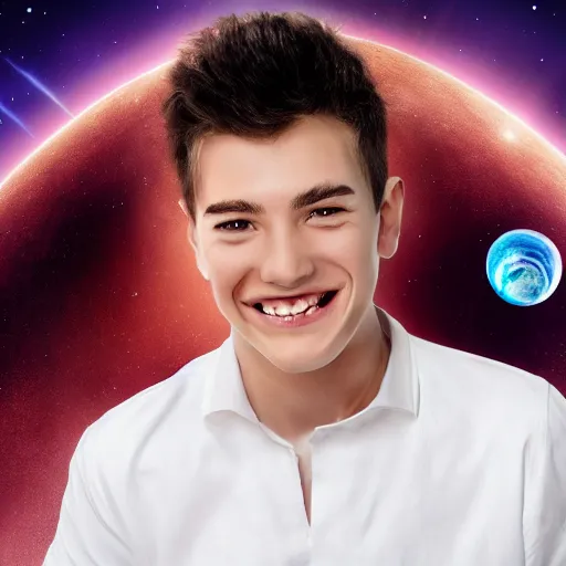 Image similar to a male cartoon teen lost in space with an evil grin and injuries wearing white shirt and short hair near a black hole