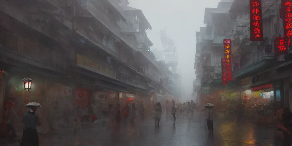 Image similar to petaling street chinatown, foggy rainy day, matte painting, studio ghibli, artstation