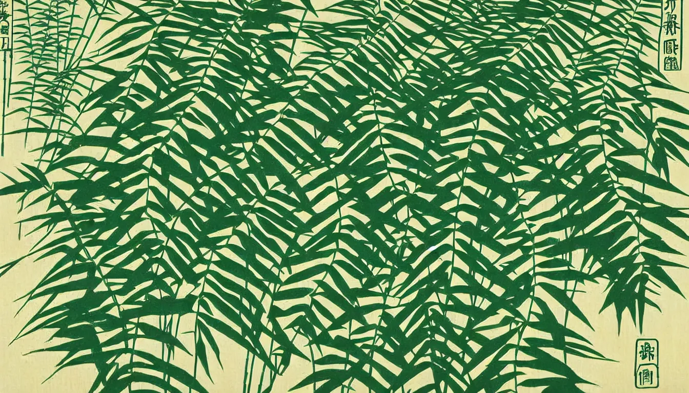 Prompt: close up of ferns with bamboo forest in the background by woodblock print