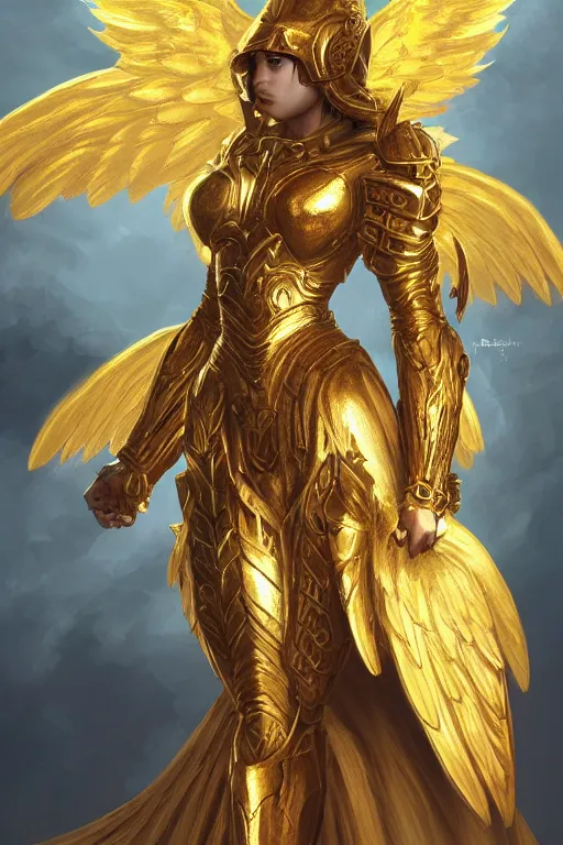 Image similar to grand mage in golden armor with intricate angelic wings, WLOP, concept art, digital painting, trending on artstation, highly detailed, 8k UHD, artgerm