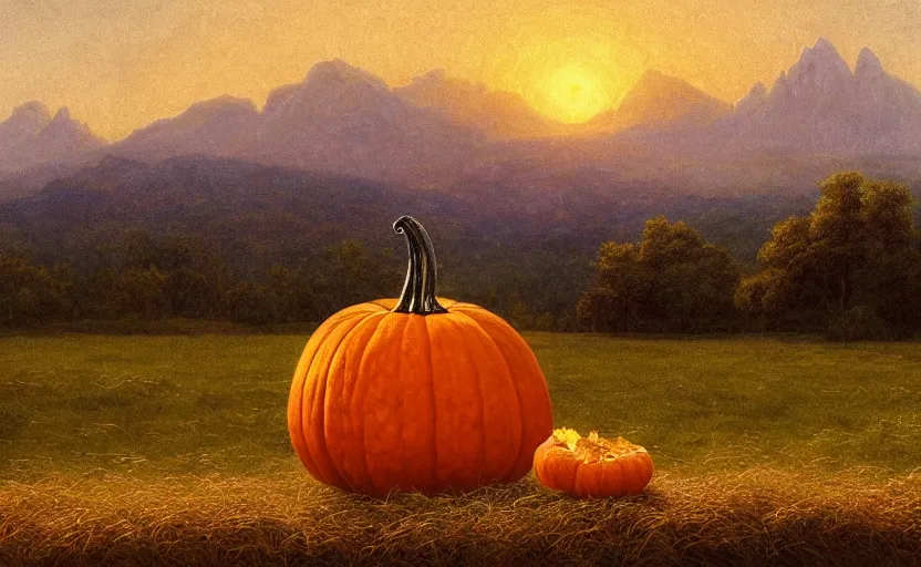 Prompt: pumpkin in the middle of a field, close up shot, rocky, at dusk, distant mountains, 4k, rule of thirds, extreme detail, hazy, intricate ink illustration, trending on artstation, cgsociety, hd, calm, complimentary colours, realistic lighting, by Albert Bierstadt, Frederic Edwin Church.