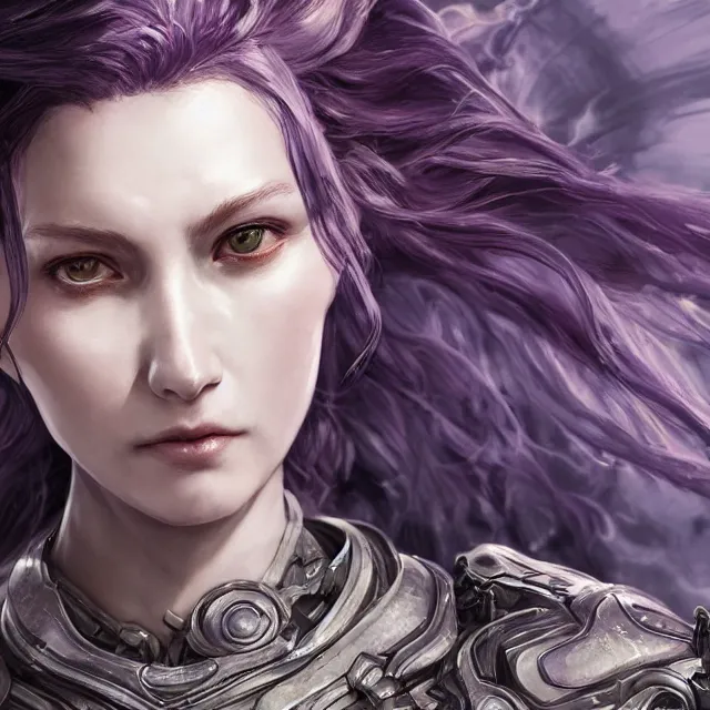 Prompt: close facial portrait of a pale woman in sci - fi armor with a flowing purple, elegant, stoic, intense, ultrafine hyperdetailed illustration by kim jung gi, irakli nadar, intricate linework, sharp focus, octopath traveler, final fantasy, hearthstone, highly rendered, global illumination, radiant light, detailed, intricate environment