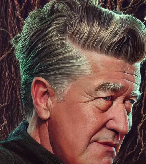 Image similar to David Lynch in Twin Peaks (1990), intricate, highly detailed, centered, studio background, digital painting, artstation, concept art, smooth, sharp focus, illustration, artgerm, donato giancola, Joseph Christian Leyendecker, Ed Repka, Les Edwards, WLOP, Artgerm