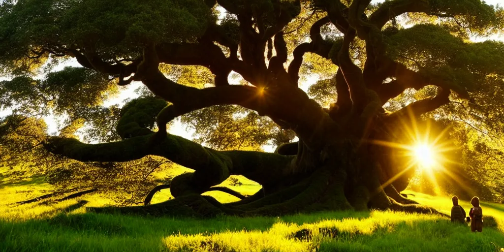 Image similar to magical hobbits shire. big old tree above. golden hours