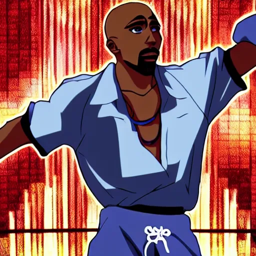 Image similar to Tupac Shakur, screenshot from a 2012s anime