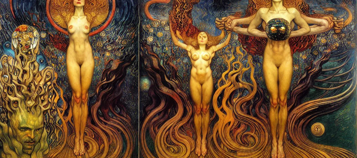 Image similar to Divine Chaos Engine by Karol Bak, Jean Delville, William Blake, Gustav Klimt, and Vincent Van Gogh, symbolist, visionary