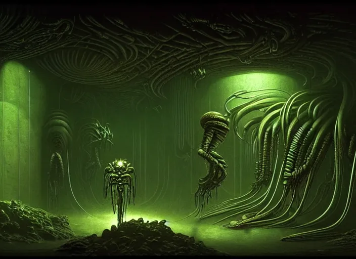 Image similar to metroid torizo dark scifi cave overgrown ruins dark spectral enigmatic atmosphere in the style of zdzisław beksinski and h. r. giger