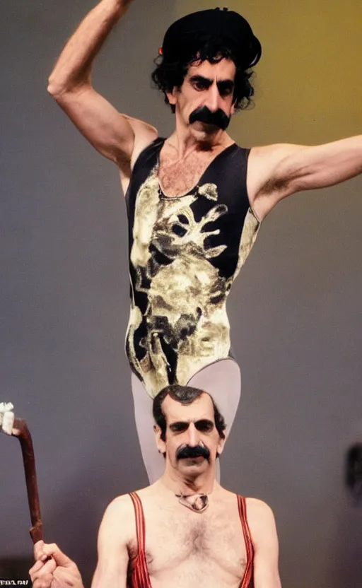 Image similar to Frank Zappa in a leotard and a crown performs the role of Richard III in award-winning modern dress production of Richard III in front of a live audience, action shot