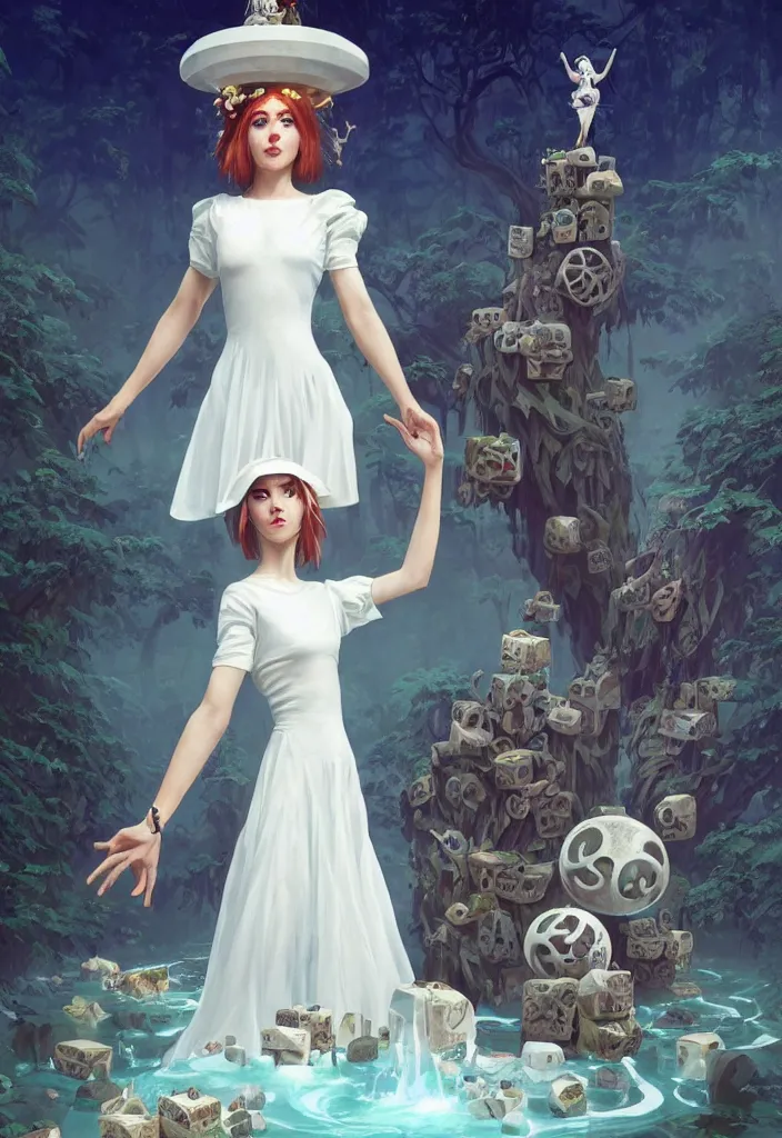 Image similar to full body picture of a white dress witch, standing on a floating greed cubes with monster companions, model pose, very brightening eyes, huge magic circles on the hand, magic and fantasy, extremely beautiful and aesthetic and detailed cute face, specular reflection, occlusion shadow, intricate, masterpiece, by ilya kuvshinov and jeremy lipking and quentin mabille