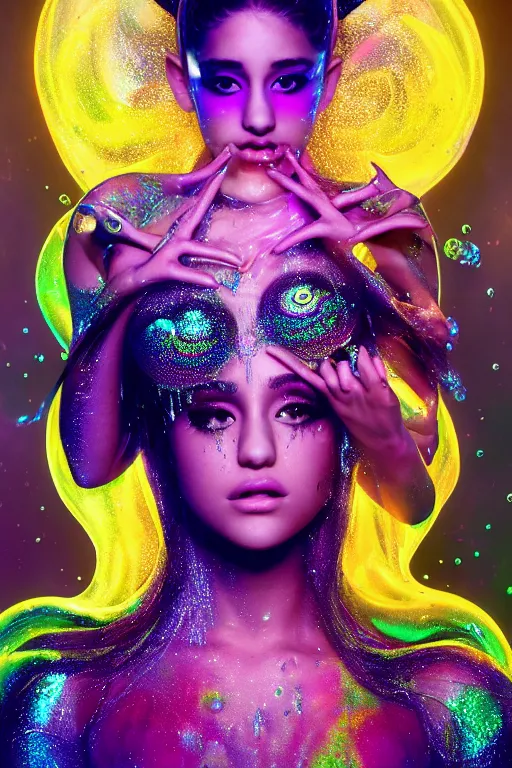 Prompt: a centered render of ariana grande as a mystical raver girl with fluorescent tattoos wearing intricate metallic clothing surrounded by a underwater ink pour and flowing liquid gallium and sacred geometry, perfect body and face, gorgeous, cinematic, beautifully lit, by peter kemp, by karol bak, by donato giancola, 3 d, trending on artstation, octane render, 8 k