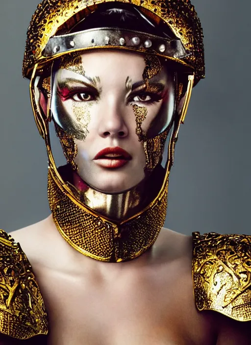Prompt: close - up portrait of beautiful young woman dressed gladiator with metallic armor, art by david lachapelle